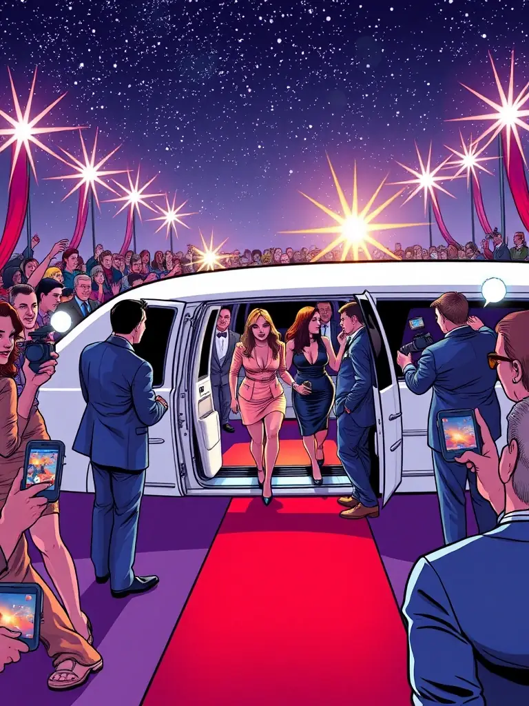 A group of formally dressed people stepping out of a white limousine at a red carpet event, highlighting the glamour and sophistication.