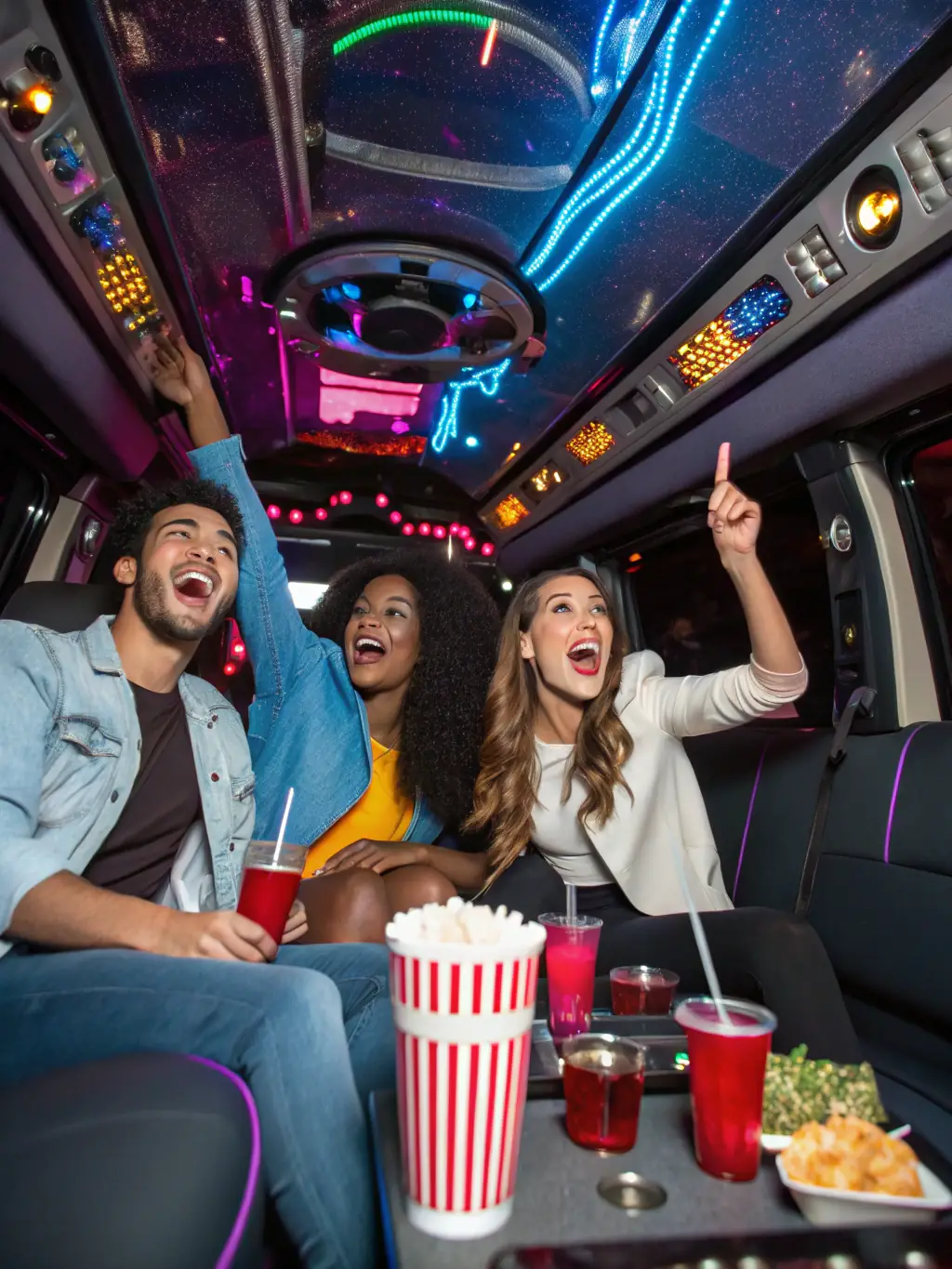 A group of friends laughing and enjoying themselves inside a party bus limousine, complete with colorful lighting and a mini-bar, highlighting a fun night out.