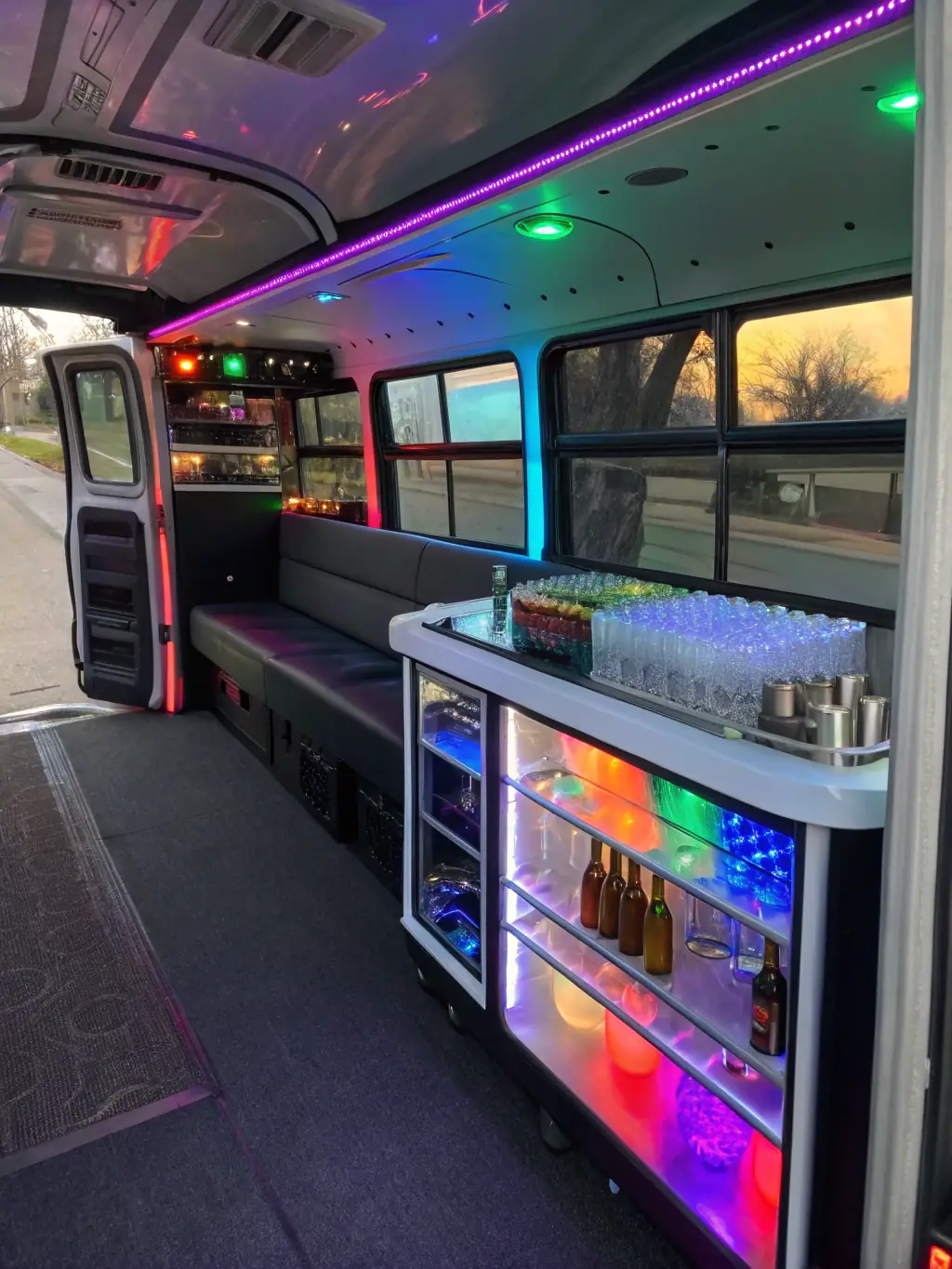 Interior of a party bus with colorful lights, comfortable seating, and a mini-bar, creating a fun and festive atmosphere.